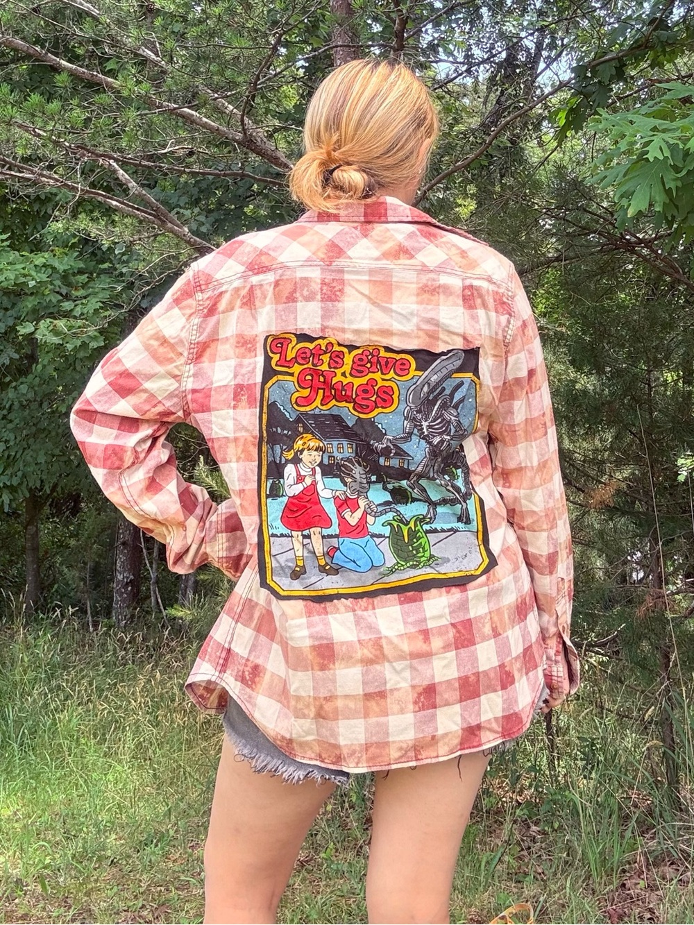 💚👽Alien Upcycle handmade tie dye flannel 'Let's Give Hugs'
Horror shirt